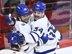Toronto Maple Leafs Auston Matthews celebrates scoring with teammate William Nylander