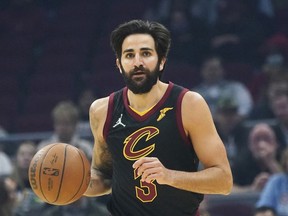 FILE - Cleveland Cavaliers' Ricky Rubio drives against the Atlanta Hawks in the first half of an NBA basketball game, Saturday, Oct. 23, 2021, in Cleveland. Veteran guard Ricky Rubio, who stepped away from his playing career -- and the Cleveland Cavaliers -- this season to concentrate on his mental health, said Thursday, Jan. 4, 2024, his NBA career is over.