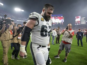 Philadelphia Eagles center Jason Kelce walks off the field following an NFL wild-card playoff football game against the Tampa Bay Buccaneers, Monday, Jan. 15, 2024, in Tampa, Fla. The Buccaneers won 32-9.