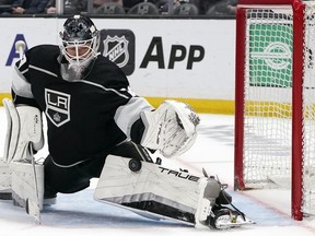 Los Angeles Kings goaltender Pheonix Copley stops a shot on goal during the third period of an NHL hockey game against the Nashville Predators Saturday, March 11, 2023, in Los Angeles