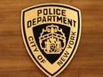 The NYPD logo is seen during a press conference at 1 Police Plaza on April 18, 2023.