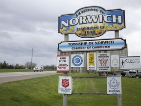A welcome sign is shown in Norwich, Ont., on Wednesday, May 3, 2023.&ampnbsp;A township in southwestern Ontario has voted to allow Pride flags on a community flagpole, essentially overturning a controversial decision made last year to ban the flags on municipal property.&ampnbsp;THE CANADIAN PRESS/Nicole Osborne