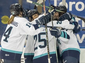 New York defender Ella Shelton, right is congratulated by teammates Jamie Bourbonnais (14), Paetyn Levis (19) and Alex Carpenter (25) after scoring the very first goal in Professional Women's Hockey League history against Toronto during Monday's opening period. New York shut out Toronto 4-0 in the New Year's Day game.