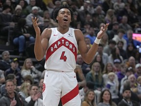 Toronto Raptors forward Scottie Barnes (4) reacts to a call against the Utah Jazz on Friday, Jan. 12, 2024, in Salt Lake City.