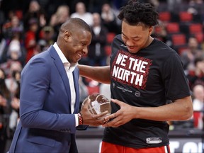 Scottie Barnes of the Toronto Raptors is presented with the Rookie of the Year trophy from Raptors president Masai Ujiri in 2022. Barnes is now the future of the team.