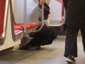 Screenshot of woman squatting and peeing on TTC subway car.