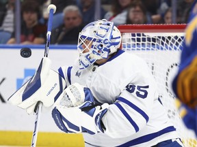 Toronto Maple Leafs goaltender Ilya Samsonov makes a blocker save against the Buffalo Sabres.