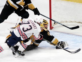 Connor Lockhart scores a goal in the Oshawa Generals' game against the Kingston Frontenacs on Jan. 12.