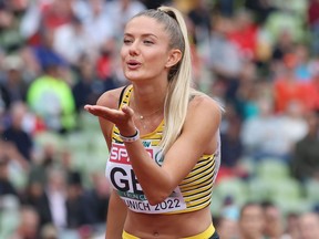 Alica Schmidt of Germany prepares to compete in the Women's 4 x 400m Relay at the European Championships.