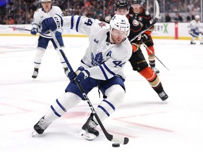 Morgan Rielly of the Toronto Maple Leafs controls the puck against the Anaheim Ducks.
