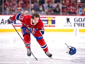 Canadiens centre Alex Newhook tosses his helmet aside in a sprinting drill during the Canadiens' annual Skills Competition in Montreal on Sunday, Feb. 25, 2024.