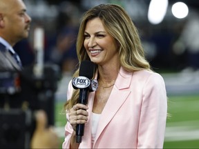 Fox Sports reporter Erin Andrews stands on the sideline before an NFL football game.