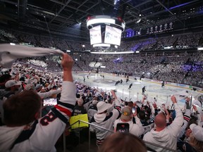 Winnipeg Jets fans welcome their team to the ice before they play the Vegas Golden Knights in the first period of Game 3 of the First Round of the 2023 Stanley Cup Playoffs on April 22, 2023 at Canada Life Centre in Winnipeg. Last week, Jets co-owner and chairman Mark Chipman sounded the alarm over lagging attendance and poor season-ticket numbers.