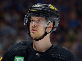 The Canucks' Elias Pettersson looks on during the third period of the NHL game against the Chicago Blackhawks at Rogers Arena on Jan. 22, 2024.