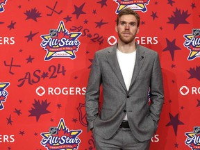 Connor McDavid of the Edmonton Oilers poses for a photo on the red carpet during 2024 NHL All-Star Thursday at Scotiabank Arena on Thursday, Feb. 01, 2024, in Toronto.