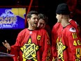 TORONTO, ONTARIO - FEBRUARY 01: Singer and songwriter Michael Buble and Elias Pettersson #40 of the Vancouver Canucks discuss the draft during 2024 NHL All-Star Thursday at Scotiabank Arena on February 01, 2024 in Toronto, Ontario, Canada.