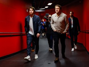 Mitch Marner #16 and Morgan Rielly #44 arrive prior to the 2024 NHL All-Star Skills at Scotiabank Arena on Feb. 2, 2024 in Toronto.