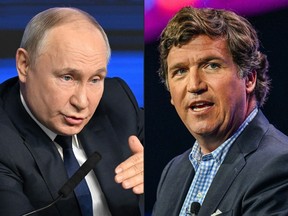 This combination of file pictures created on February 6, 2024 shows Russian President and presidential candidate Vladimir Putin meeting with his confidants ahead of the upcoming presidential election in Moscow on January 31, 2024; and US conservative political commentator Tucker Carlson speaking at the Turning Point Action USA conference in West Palm Beach, Florida, on July 15, 2023.