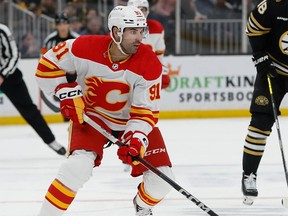 Nazem Kadri #91 of the Calgary Flames skates against the Boston Bruins during the second period at the TD Garden on February 6, 2024 in Boston, Massachusetts.