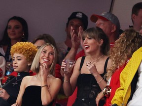 Singer Taylor Swift reacts prior to Super Bowl LVIII between the San Francisco 49ers and Kansas City Chiefs at Allegiant Stadium on Feb. 11, 2024 in Las Vegas, Nevada.