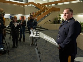 Insp. Tim Arseneault, operations officer, RCMP major crime services speaks to the media about an ongoing investigation in Winnipeg on Sunday, Feb. 11, 2024.