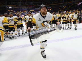 Phil Kessel celebrates with the Stanley Cup after the Pittsburgh Penguins beat the Predators 2-0 in Game 6 of the 2017 Cup Final at Bridgestone Arena on June 11 in Nashville.