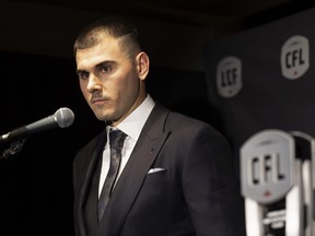 Toronto Argonauts' Chad Kelly with his award for Most Outstanding Player at the 2023 Canadian Football League (CFL) Awards in Niagara Falls, Ont. Thursday, November 16, 2023.