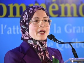 Amira Elghawaby speaks at a ceremony to commemorate the 2017 mosque shooting, Monday, January 29, 2024 in Quebec City. THE CANADIAN PRESS/Jacques Boissinot
