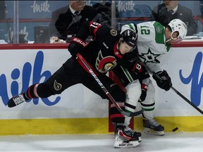 Dallas Stars centre Radek Faksa, right, controls the puck as he collides with Ottawa Senators left wing Dominik Kubalik along the boards during first period NHL action, Thursday, February 22, 2024 in Ottawa.