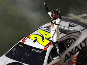 William Byron celebrates after winning the NASCAR Cup Series Daytona 500 at Daytona International Speedway on February 19, 2024 in Daytona Beach, Florida.