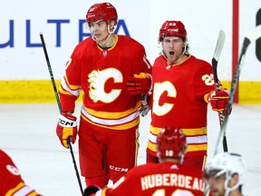 Calgary Flames forward Blake Coleman celebrates after scoring on Los Angeles Kings goalie Cam Talbot in second period NHL action at the Scotiabank Saddledome in Calgary on Tuesday, February 27, 2024.
