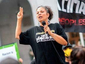 Melina Abdullah from Black Lives Matter addresses the crowd during a demonstration to ask for the removal of District Attorney Jackie Lacey in front of the Hall of Justice, in Los Angeles, California, on June 17, 2020.