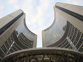 Close-up view of Toronto's City Hall with an ultra wide angle lens.