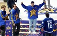 L-R: Team Matthews' Morgan Rielly, Auston Matthews and Justin Bieber pick Mitch Marner during the NHL All-Star week draft in Toronto on Thursday, Feb. 1, 2024.