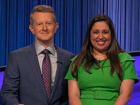 Jeopardy! host Ken Jennings and Juveria Zaheer of Whitby.
