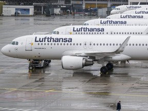 Lufthansa aircraft are seen parked at the Frankfurt Airport during a one-day nationwide strike on Feb. 7, 2024 in Frankfurt, Germany.