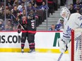 Senators winger Vladimir Tarasenko celebrates his second period goal against the Toronto Maple Leafs with Shane Pinto, 57, at Canadian Tire Centre on Saturday.