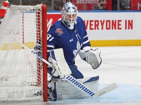 Martin Jones of the Toronto Maple Leafs protects the corner of his net against the Pittsburgh Penguins during the third period in an NHL game at Scotiabank Arena on Dec. 16, 2023 in Toronto.