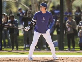 Los Angeles Dodgers designated hitter Shohei Ohtani participates in spring training baseball workouts at Camelback Ranch in Phoenix, Monday.