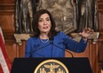 New York Gov. Kathy Hochul presents her 2025 executive state budget in the Red Room at the state Capitol in Albany on Tuesday, Jan. 16, 2024.