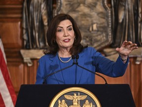 New York Gov. Kathy Hochul presents her 2025 executive state budget in the Red Room at the state Capitol in Albany on Tuesday, Jan. 16, 2024.