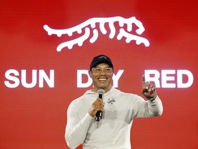 Tiger Woods speaks during the launch of Tiger Woods and TaylorMade Golf's new apparel and footwear brand "Sun Day Red" at Palisades Village on February 12, 2024 in Pacific Palisades, California.