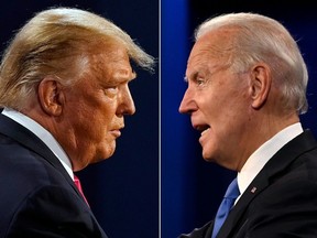 This combination of file pictures shows then U.S. President Donald Trump (left) and Democratic Presidential candidate and former U.S. Vice President Joe Biden during the final presidential debate at Belmont University in Nashville, Oct. 22, 2020.