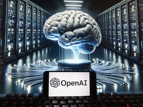 The OpenAI logo is seen displayed on a cell phone with an image on a computer monitor generated by ChatGPT's Dall-E text-to-image model, Dec. 8, 2023, in Boston.Despite worries artificial intelligence lacks empathy and could be coming to steal their jobs, a growing number of Canadians are turning to AI tools, a new poll says.