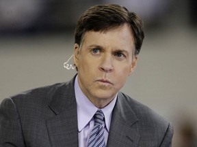 Broadcaster Bob Costas looks on before the 2010 NFC wild-card playoff game between the Dallas Cowboys and the Philadelphia Eagles at Cowboys Stadium on January 9, 2010 in Arlington, Texas.