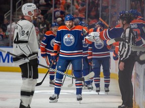 Leon Draisaitl (29) of the Edmonton Oilers, celebrates his goal against the Los Angeles Kings at Rogers Place in Edmonton on Feb. 26, 2024. Photo by Shaughn Butts-Postmedia