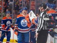 Zach Hyman (18)of the Edmonton Oilers, celebrates his second goal of the game and 40th goal of the season against the St. Louis Blues at Rogers Place in Edmonton on Feb. 28, 2024.