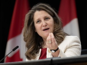 Deputy Prime Minister and Finance Minister Chrystia Freeland speaks at a news conference in Ottawa on Tuesday, Feb. 6, 2024.