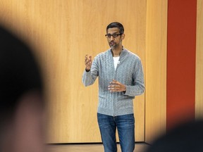 Sundar Pichai, chief executive officer of Alphabet Inc., during the Google I/O Developers Conference in Mountain View, Calif., May 10, 2023.