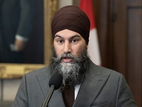 New Democratic Party leader Jagmeet Singh speaks with reporters in the Foyer of the House of Commons before Question Period, Monday, Feb. 5, 2024 in Ottawa.